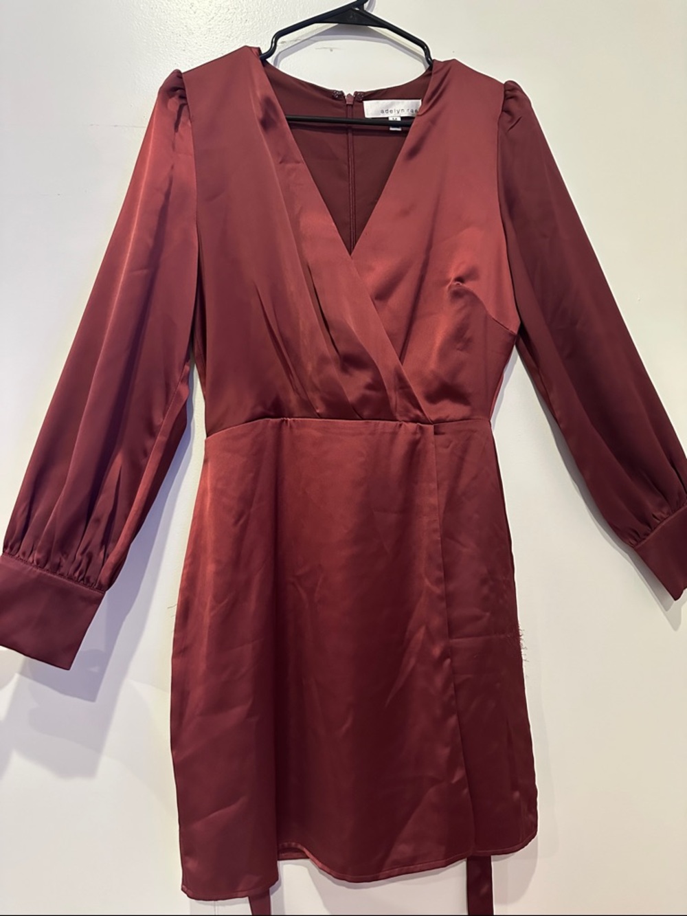 Adelyn Rae Long Sleeve Satin Wrap Dress - Burgundy